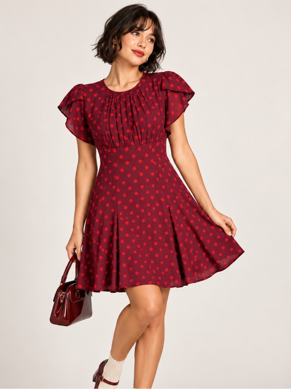 NWT Blu Pepper Burgundy Red Polka Dot Flutter Sleeve Dress S